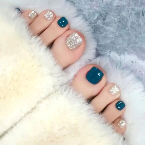 24 Teal & Silver Glitter Fake Nails Press On Toenails Blue Green Glam Sparkle - Picture 1 of 5